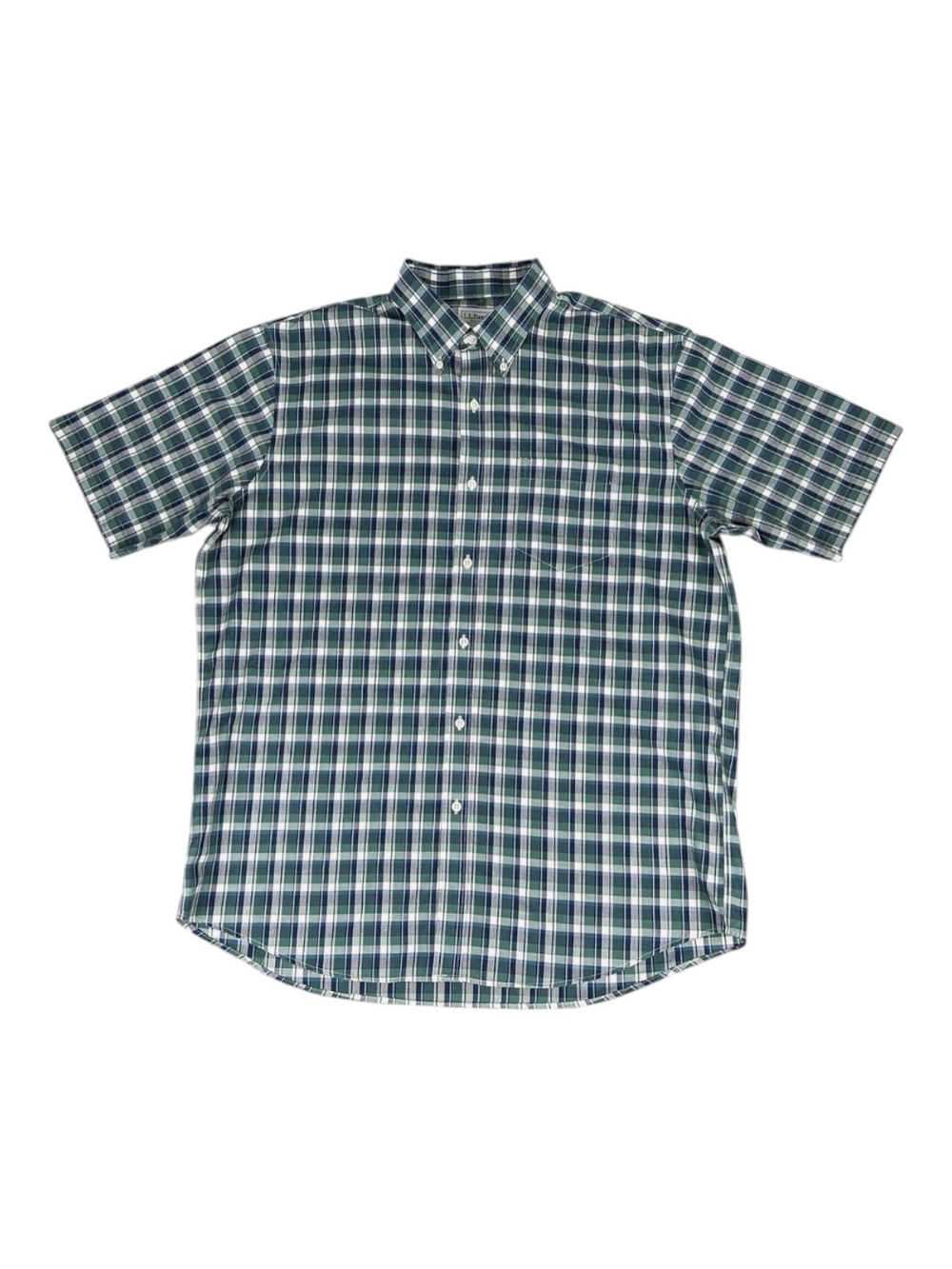 L.L. Bean Blue, Green, White Plaid Short-Sleeve Button-Down Shirt EUC Large